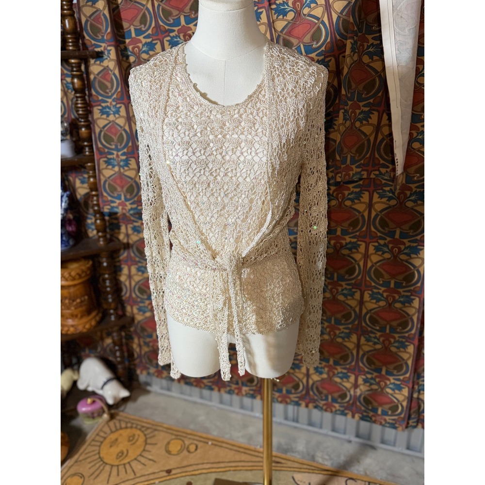 M Nicole Evening Cream Lace Sequin Beaded Knit Top Blouse M